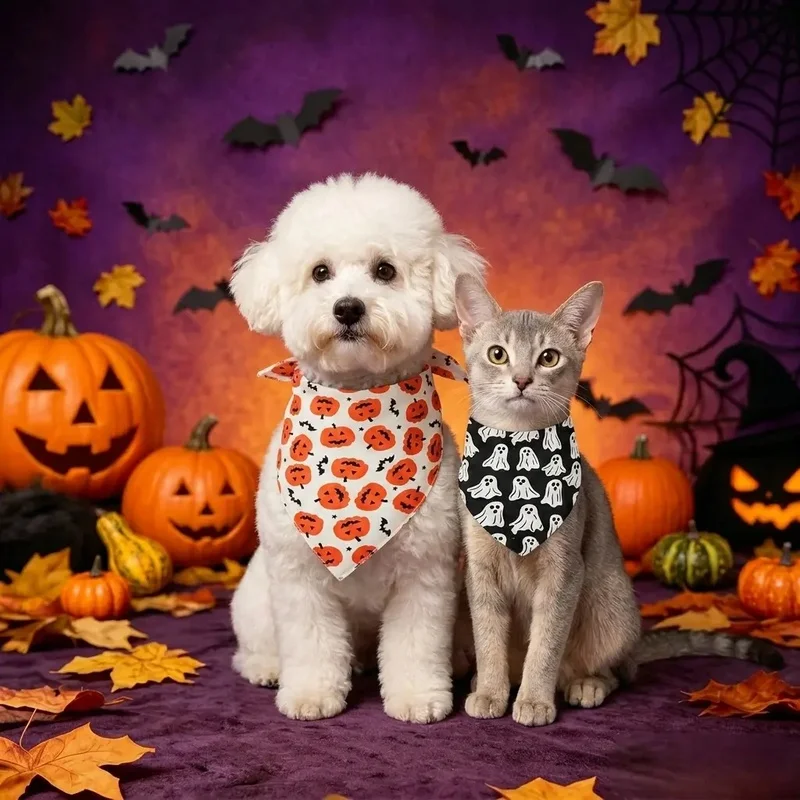 Kits de 2 Pañuelos Halloween para Perros y Gatos – Estampado Calabaza y Fantasma - imagen 5