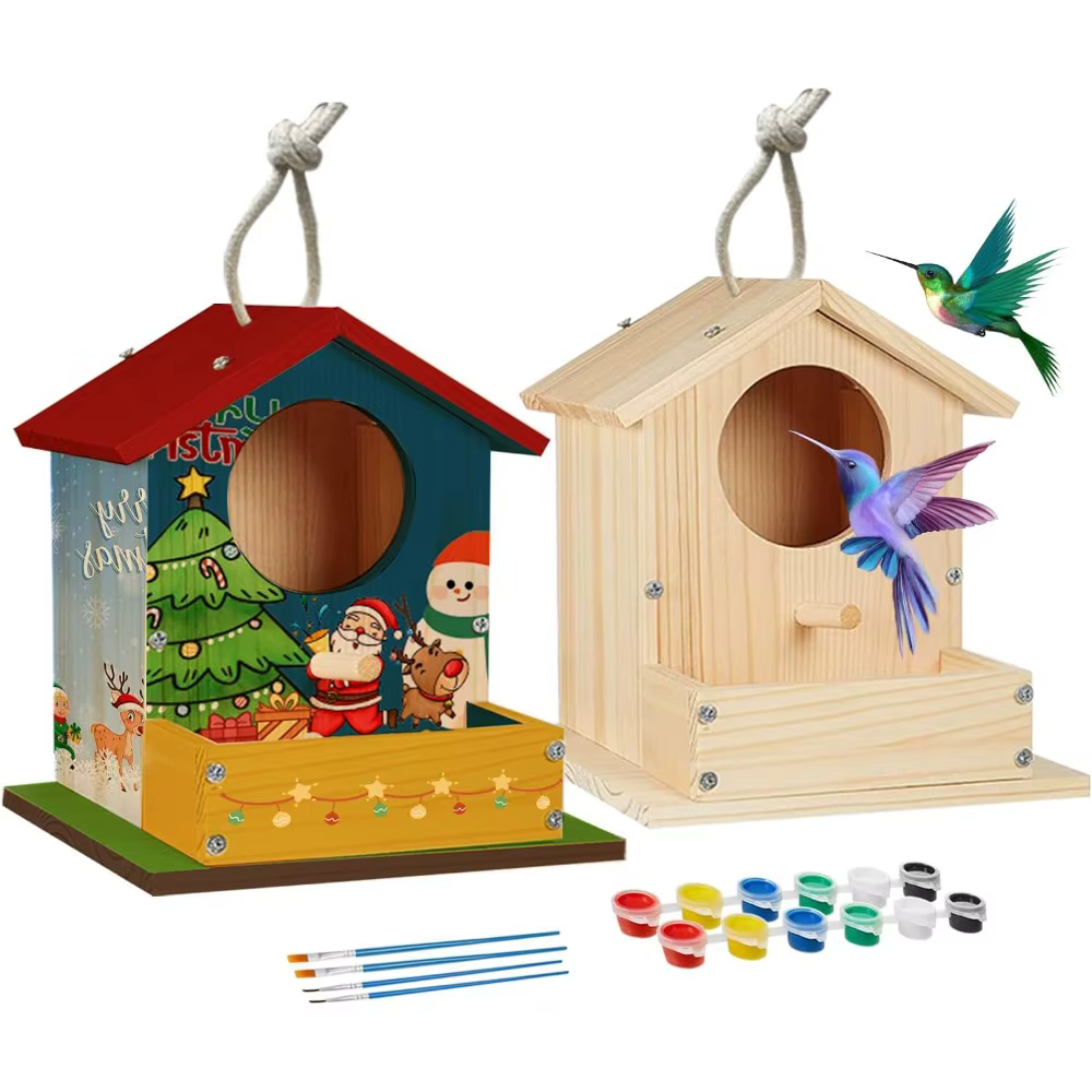 Casa para pájaros de madera con pinturas y pinceles - imagen 2