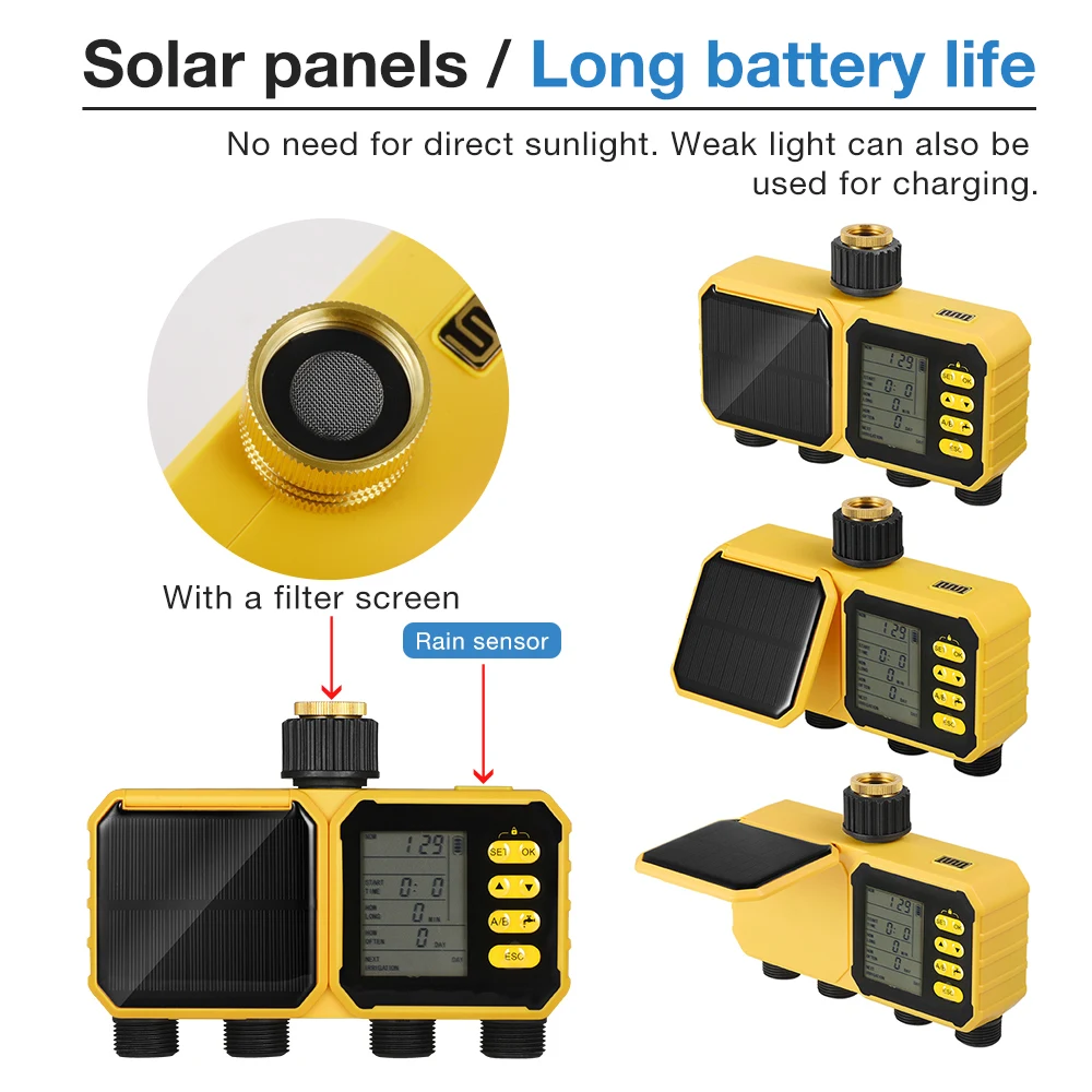 Temporizador de riego solar con sensor de lluvia y LCD para mascotas - imagen 3