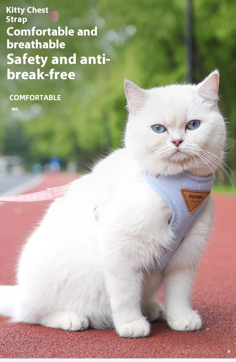 Chaleco azul para gato con correa integrada