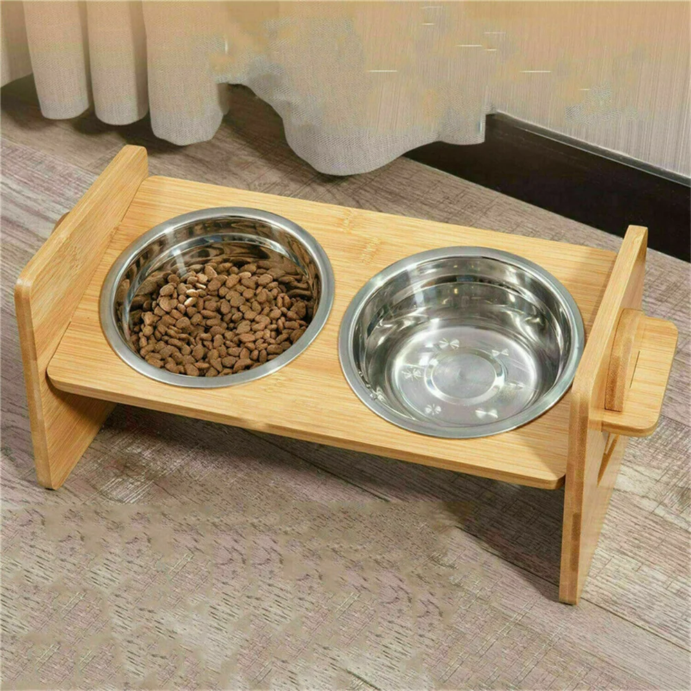 Comederos elevados para perros con soporte, bambú y acero inoxidable - imagen 2