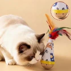 Juguete interactivo para gatos giratorio con plumas y base de madera