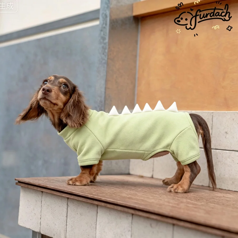 Sudadera forro polar dinosaurio para perro salchicha: cálida verde azul