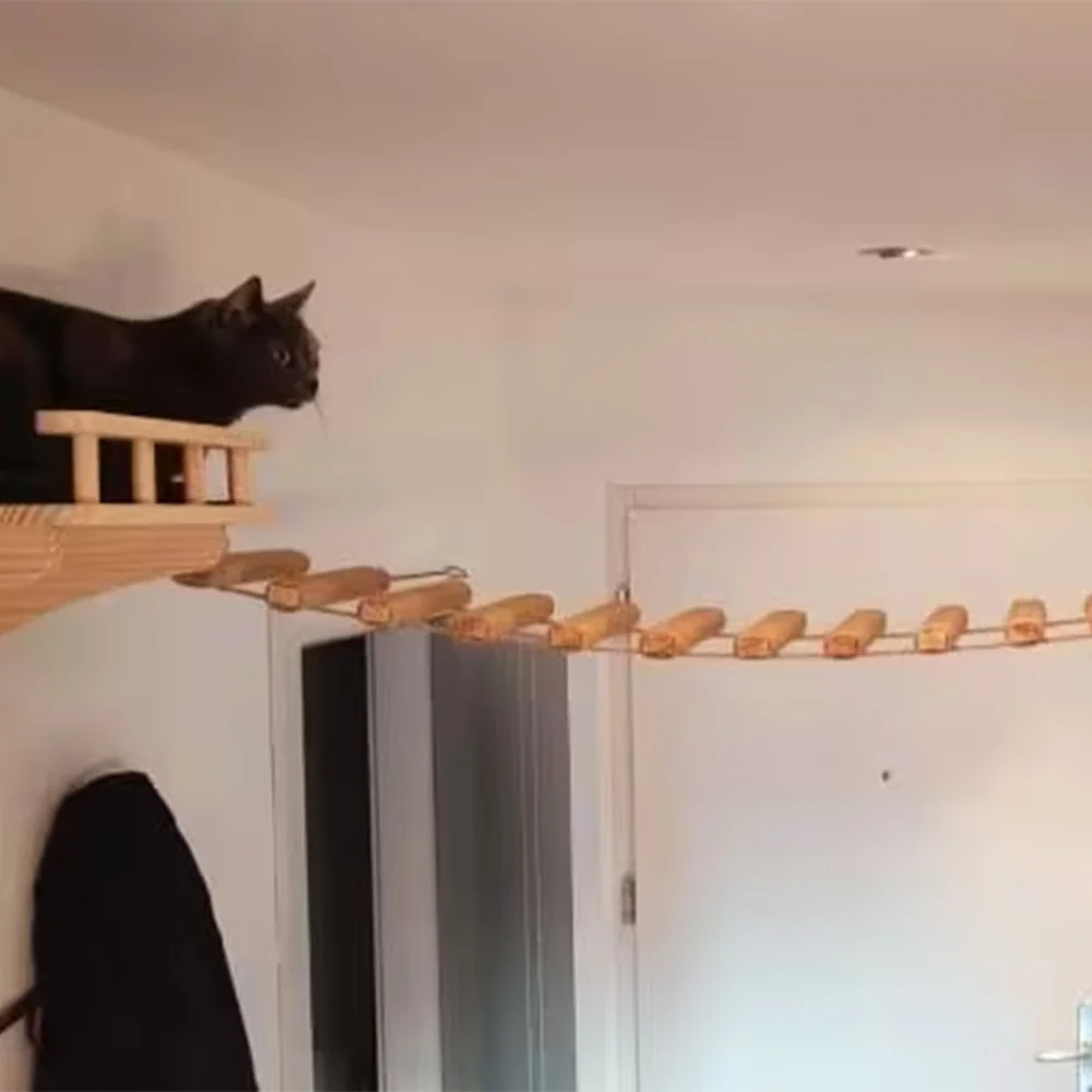 Rascador mural para gatos con escalera de sisal y puente de madera - imagen 5