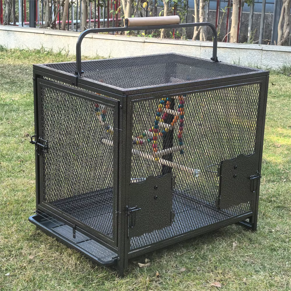 Jaula de Viaje para Aves – Hierro Forjado con Percha de Madera - imagen 2