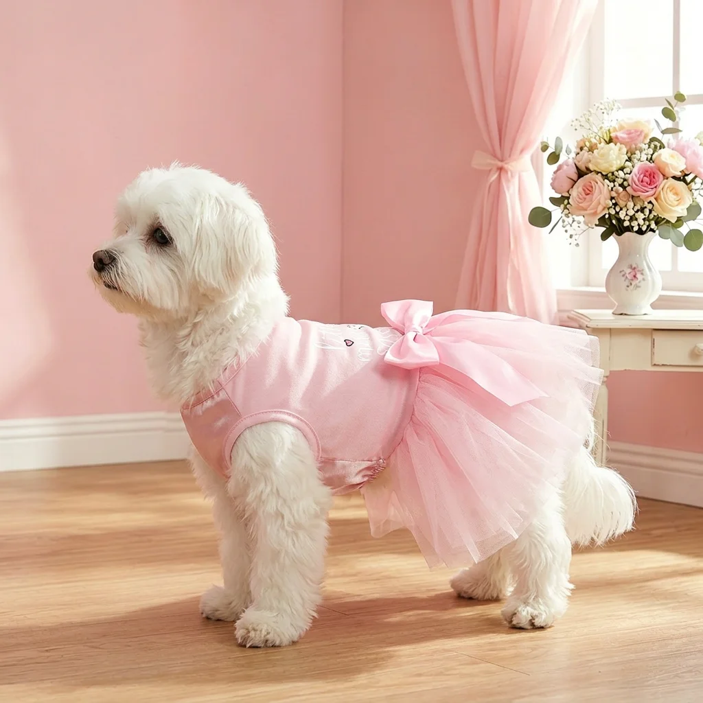 Ejemplo de perro usando el vestido en jardín