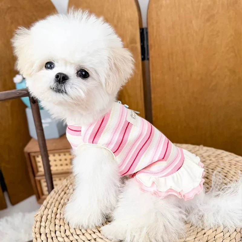 Vestido verano a rayas algodón con lazo rosa para gatos y chihuahua - imagen 5