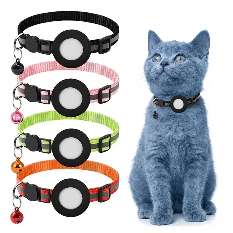 Gato usando collar reflectante azul con campana