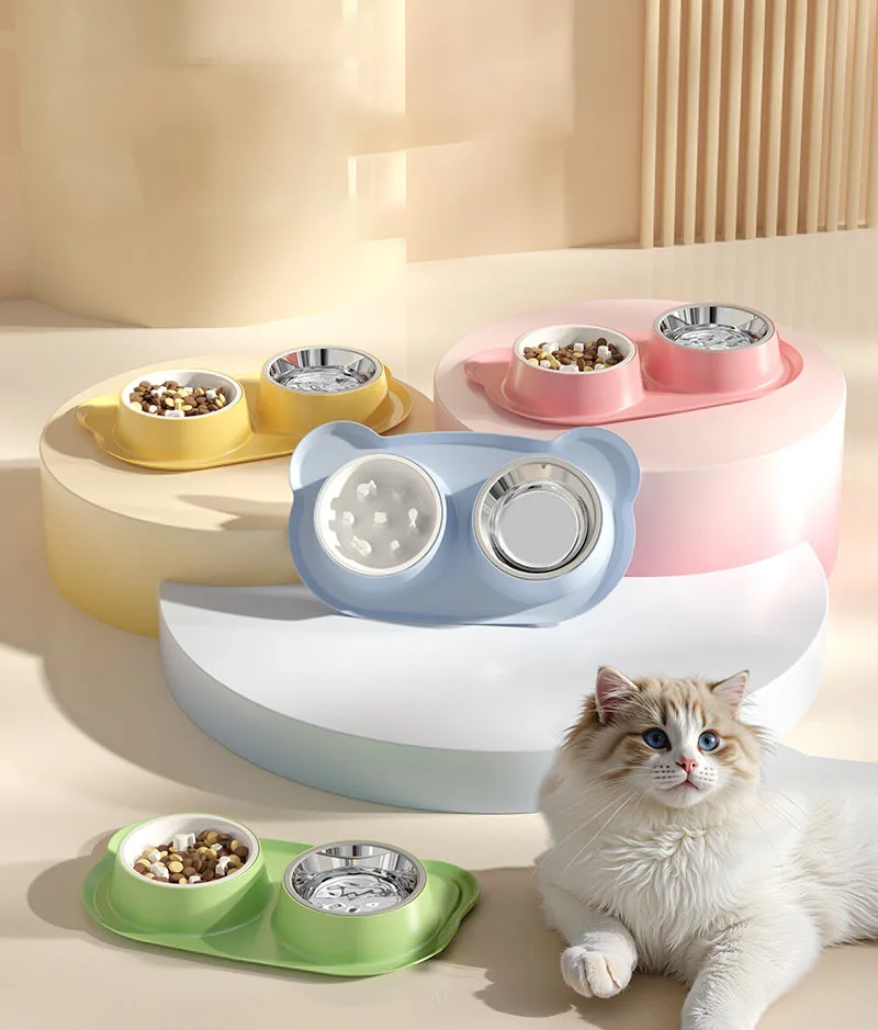 Comedero lento para mascotas con doble tazón de acero inoxidable y plástico