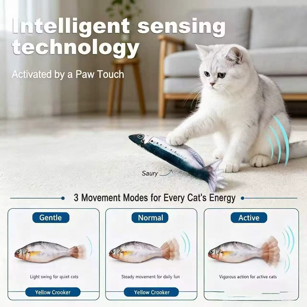 Juguetes interactivos para gatos, pez saltarín con carga USB-C