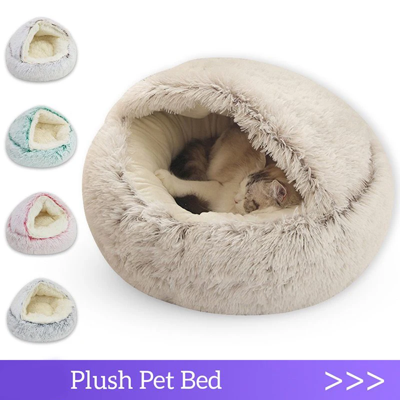 Cama de felpa suave con diseño redondeado en color gris