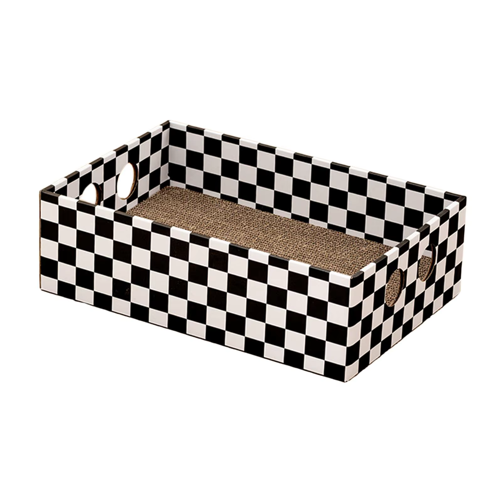 Gato dentro de la caja rascadora mostrando las aberturas laterales