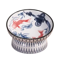 Comedero elevado antivómito azul de porcelana para gatos y perros