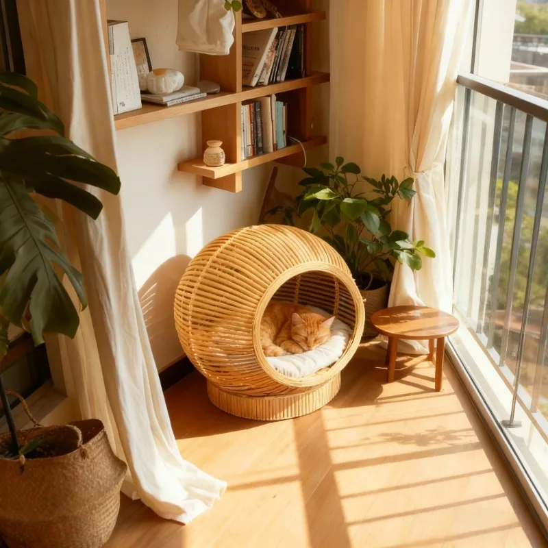 Cama nido de ratán para gatos – Semi cerrada y transpirable - imagen 5