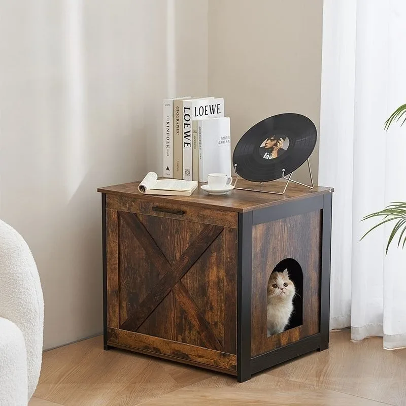 Vista frontal del mueble ocultador de arena para gatos en madera
