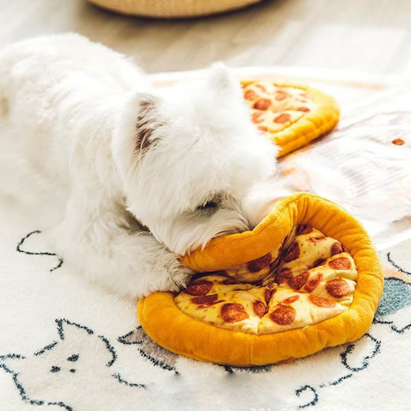 Juguete masticable de pizza con peluche y sonido para perros