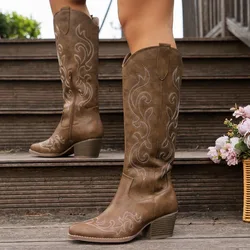 Botas vaqueras retro bordadas para mujer con tacón alto y cremallera lateral
