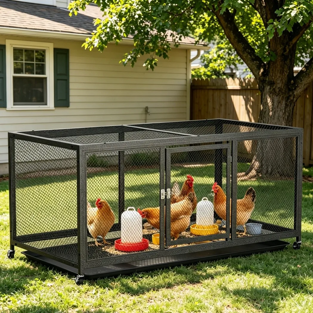 Gallinero metálico resistente con bandeja extraíble y ruedas - imagen 4