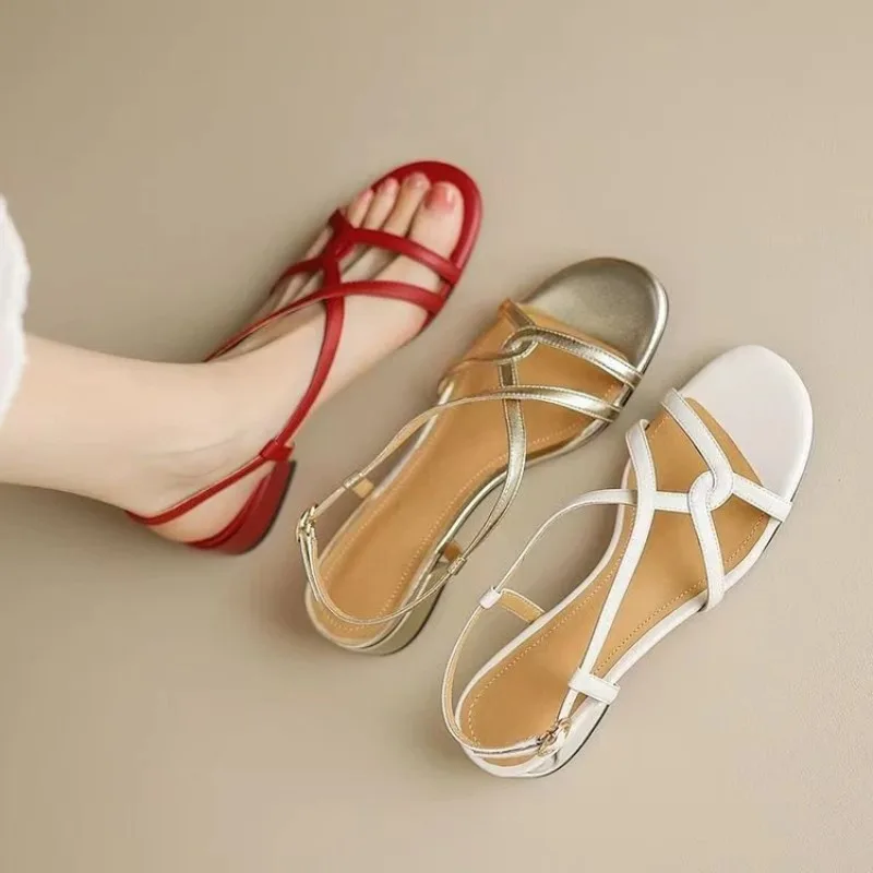 Sandalias romanas de cuero para mujer, punta abierta con hebilla - imagen 5