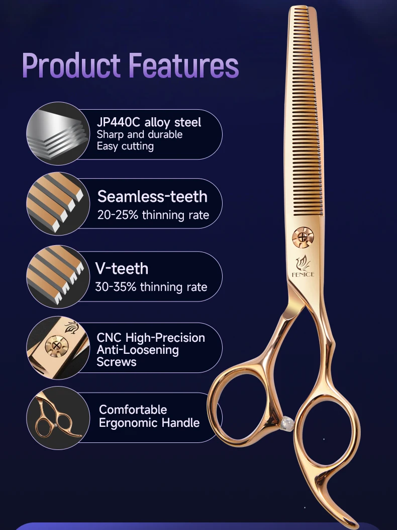 Detalle de los dientes en V de las tijeras de peluquería
