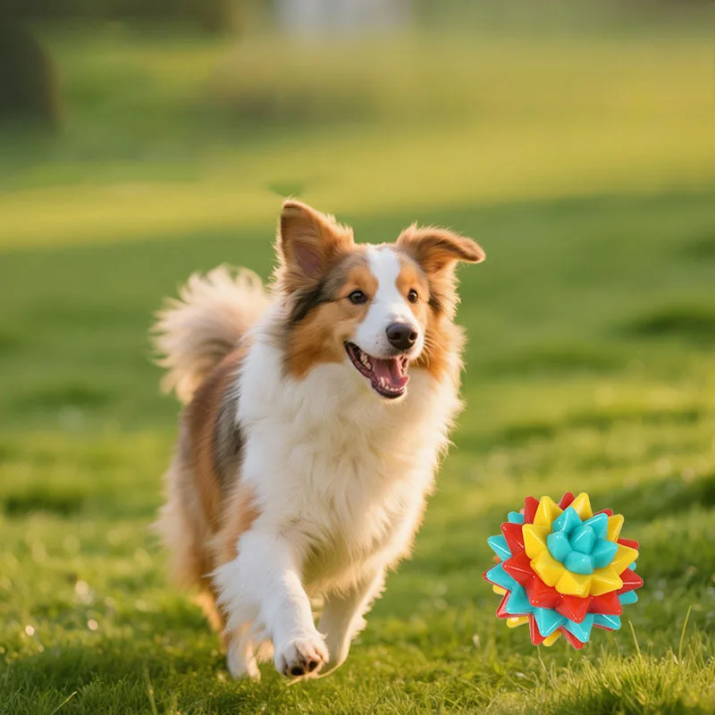 Perro mediano jugando con la pelota interactiva en exteriores