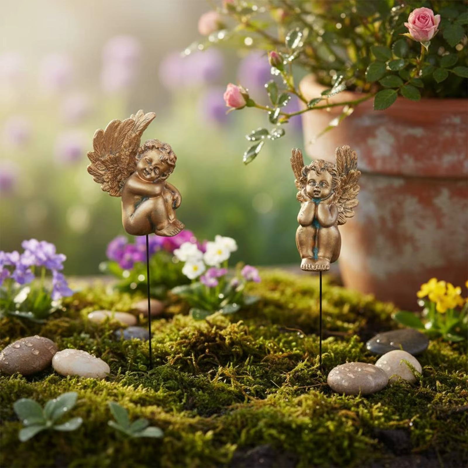 Estaca de jardín con querubín para gatos y perros – Bronce antiguo