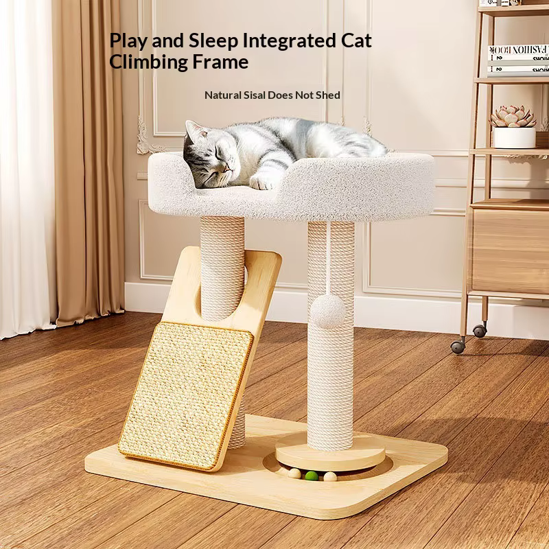 Árbol rascador de madera para gatos con cama y sisal - imagen 4