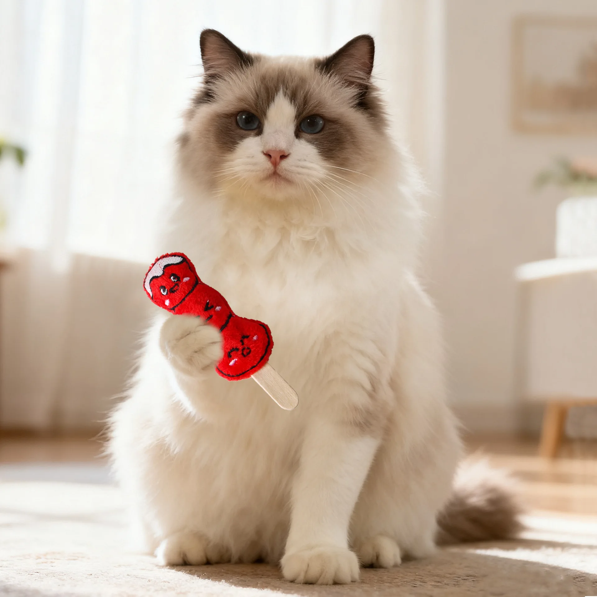 Juguete para gatos en uso con palo flexible