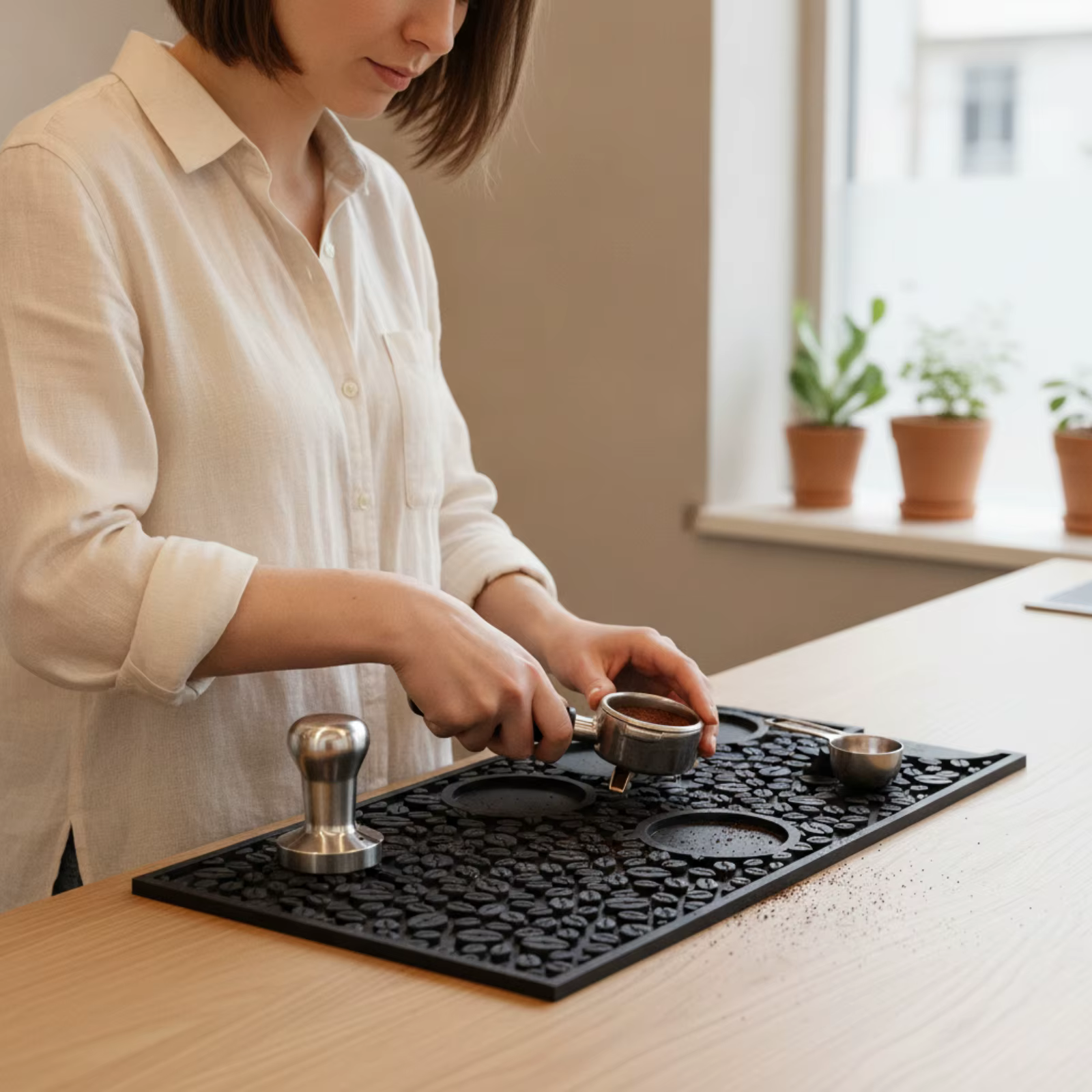Alfombrilla de silicona para café con ranuras, fácil de limpiar