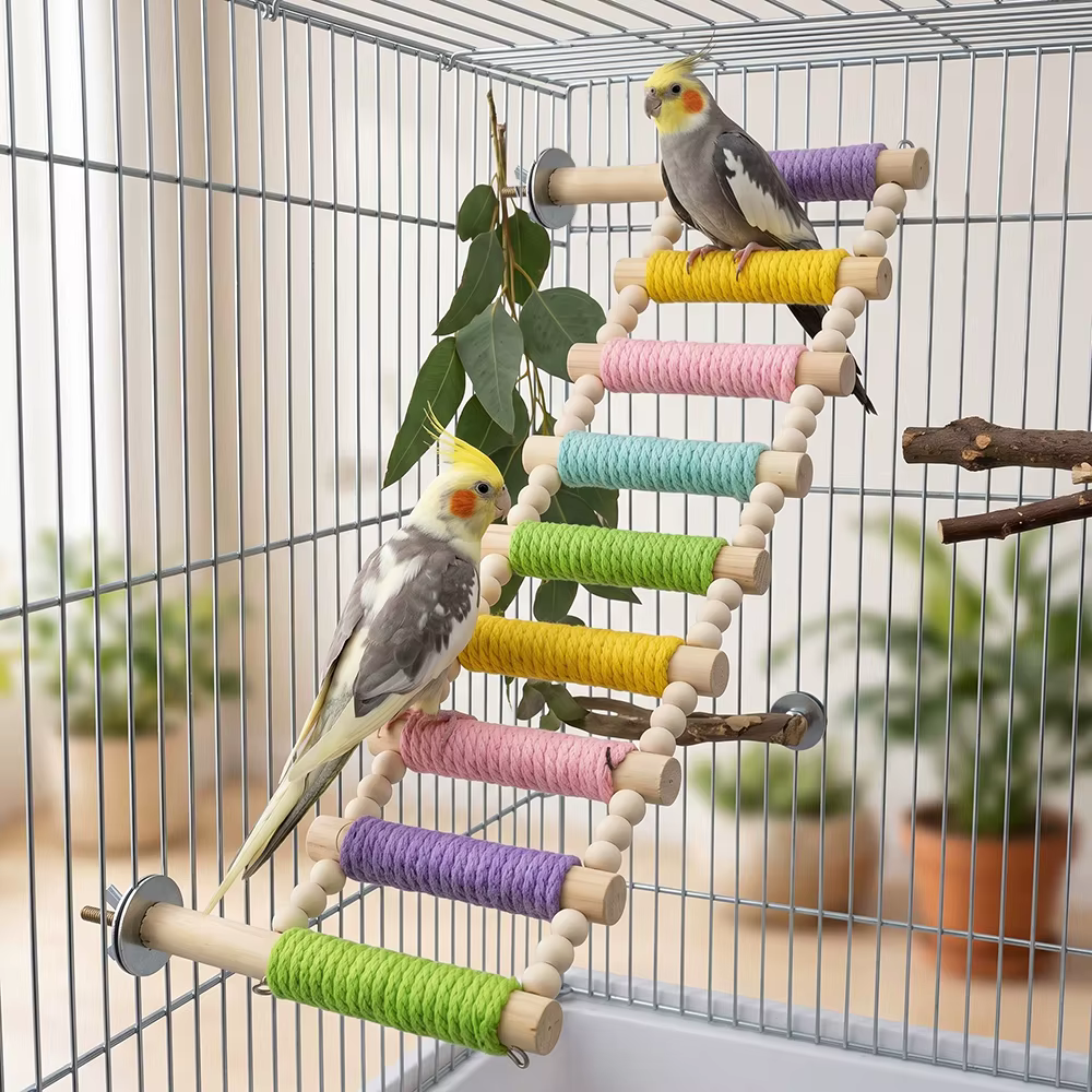 Juguete interactivo de madera con escalera y puente para loros