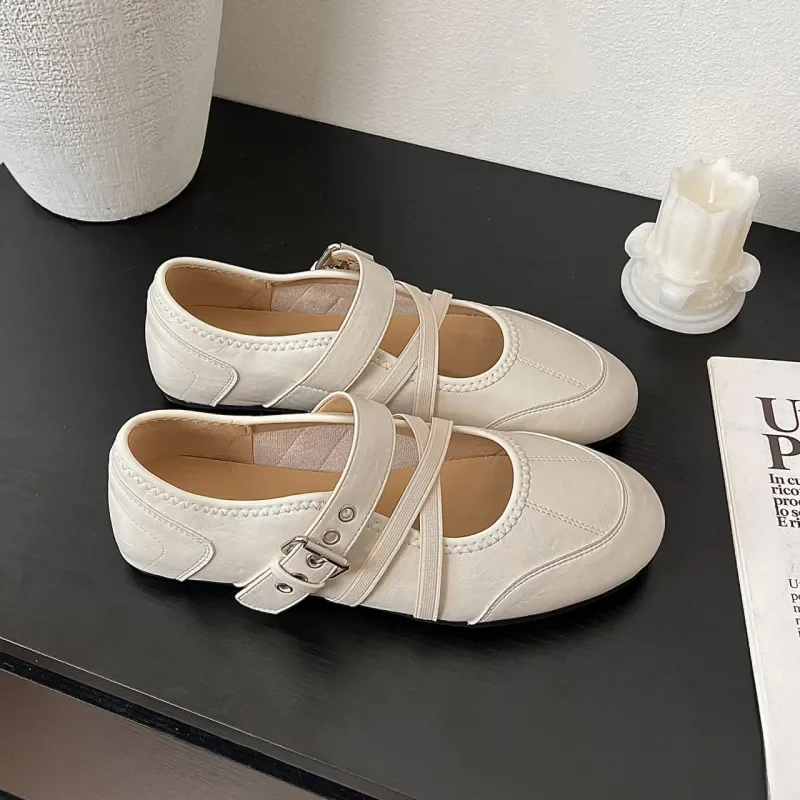 Zapatos Mary Jane planos retro con tira cruzada estilo ballet sin cordones