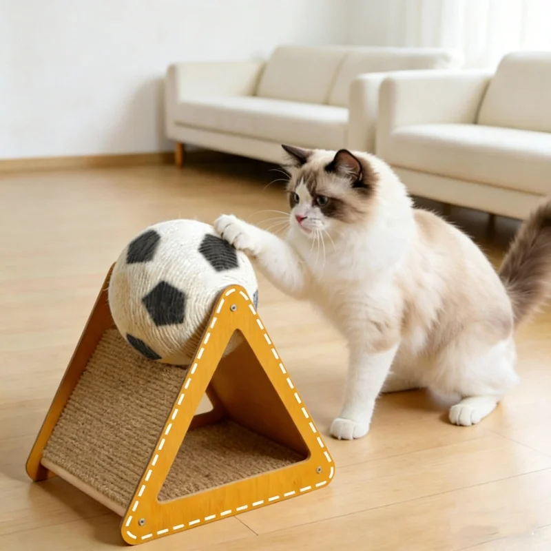 Pelota rascadora de sisal para gatos en madera maciza