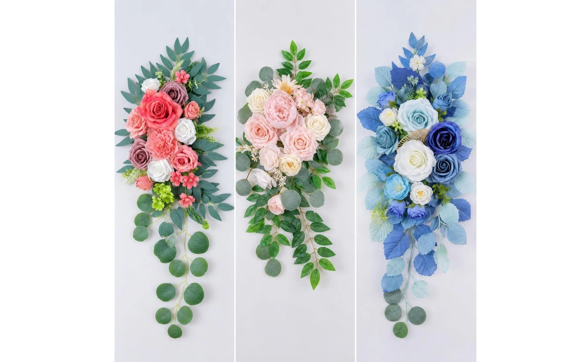 Detalle de capas de flores y follaje verde en arreglo cascadeado