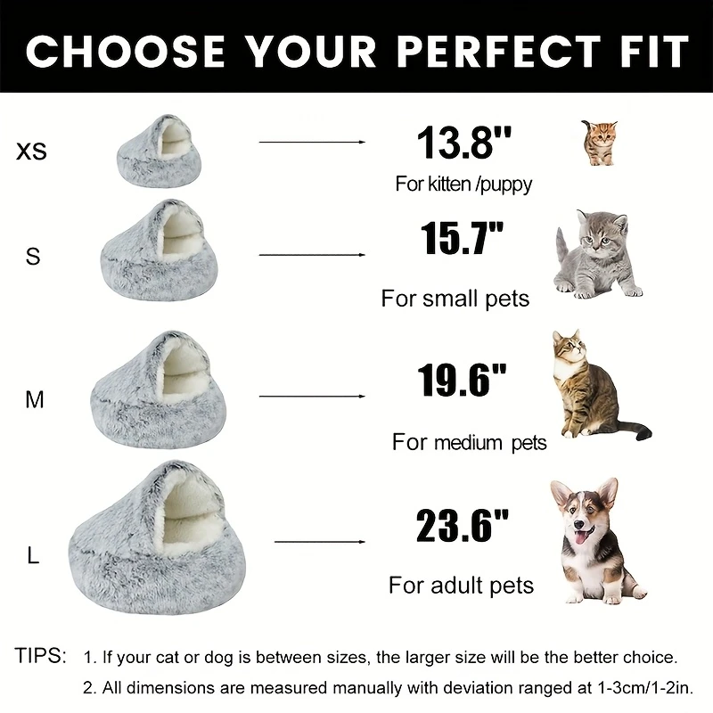 Cama nido redonda de felpa para gatos y perros pequeños semicerrada - imagen 2