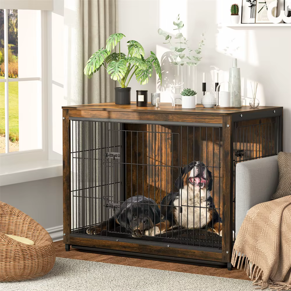 Jaula elevada de madera para perros con doble puerta y bandeja - imagen 5