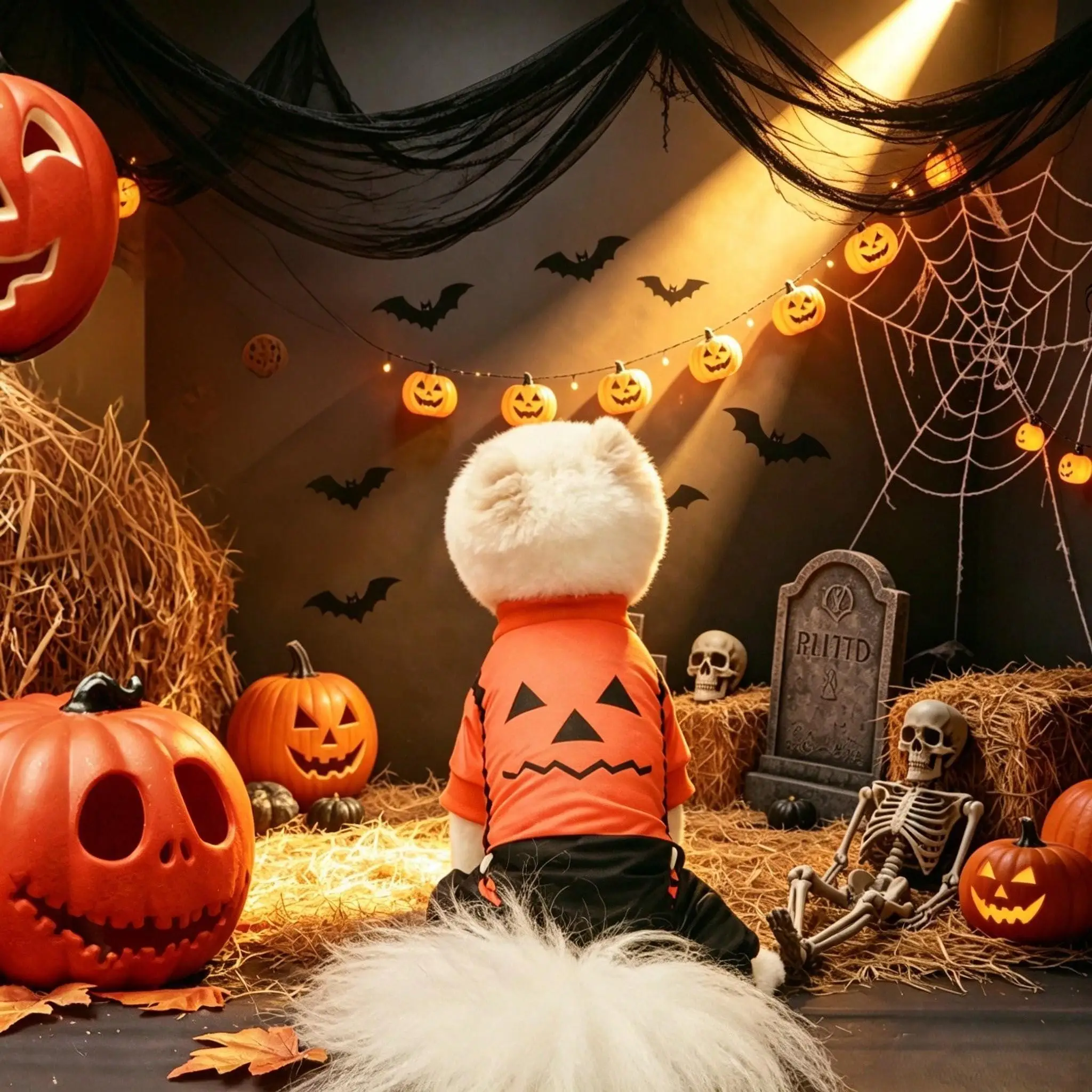 Perro pequeño vistiendo disfraz de calabaza estilo retro