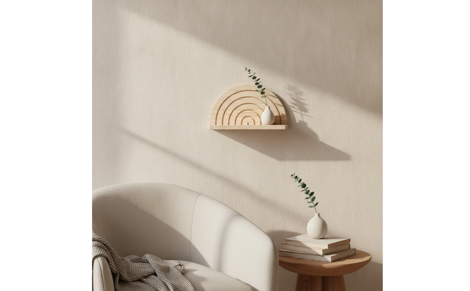 Estante arcoíris instalado en una pared con decoración cálida