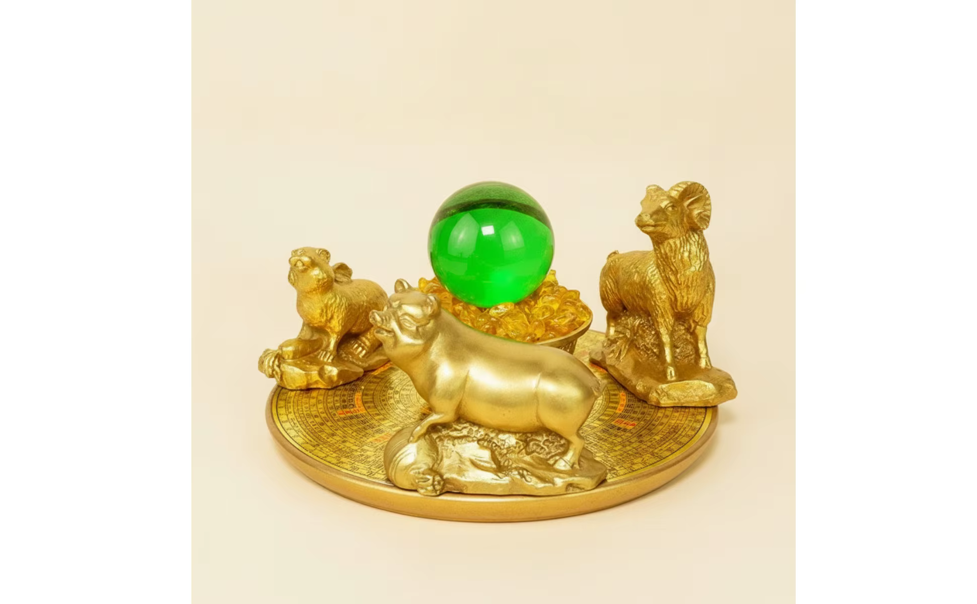 Arreglo decorativo con figuritas, estilo caprichoso y esfera de vidrio