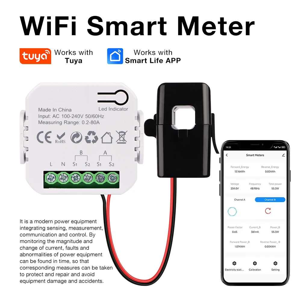 Medidor de electricidad inteligente WiFi Tuya 80A instalado en cuadro eléctrico