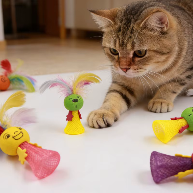 Juguete interactivo para gatos con resorte y plumas – Malla resistente