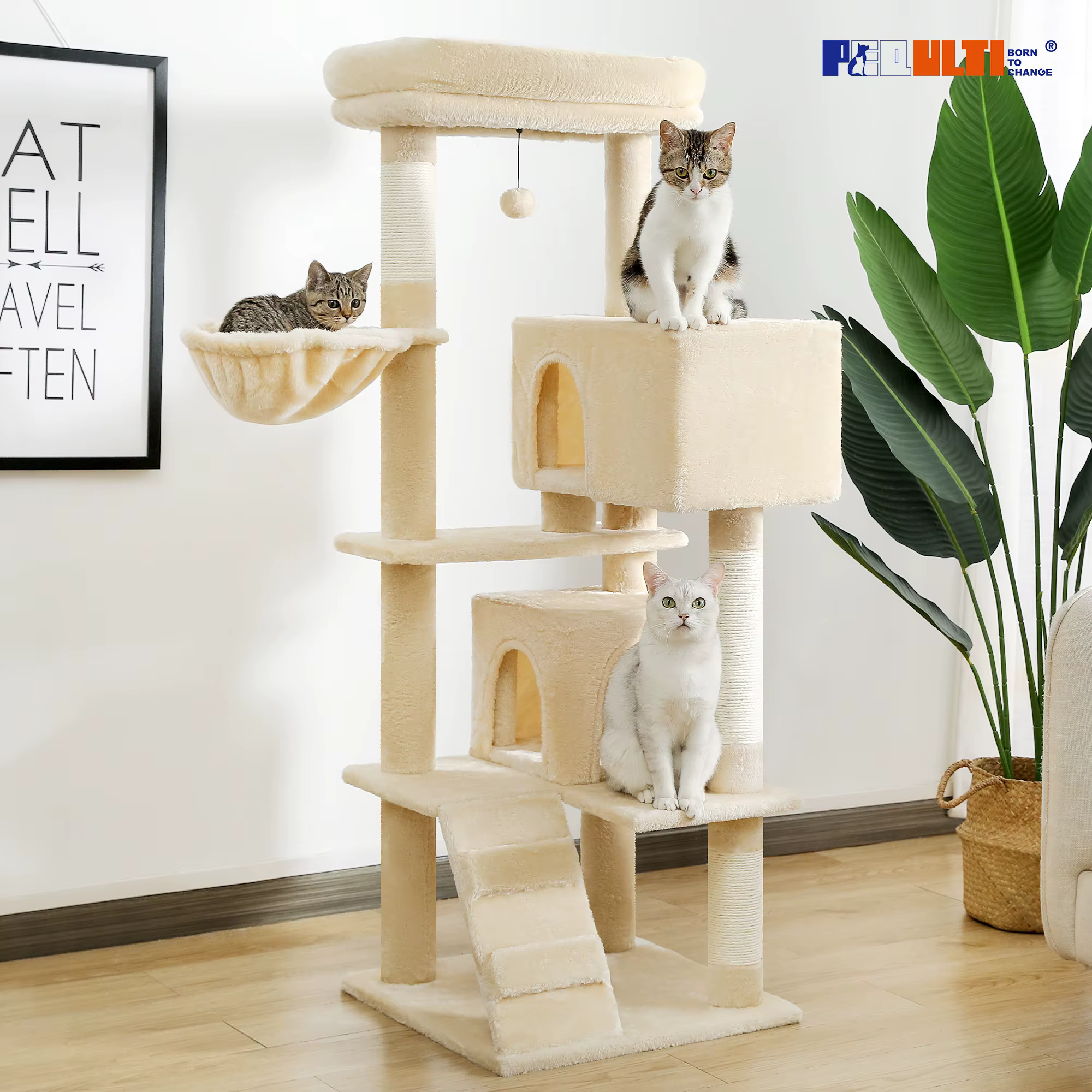 Árbol rascador multinivel para gatos con postes de sisal y hamaca