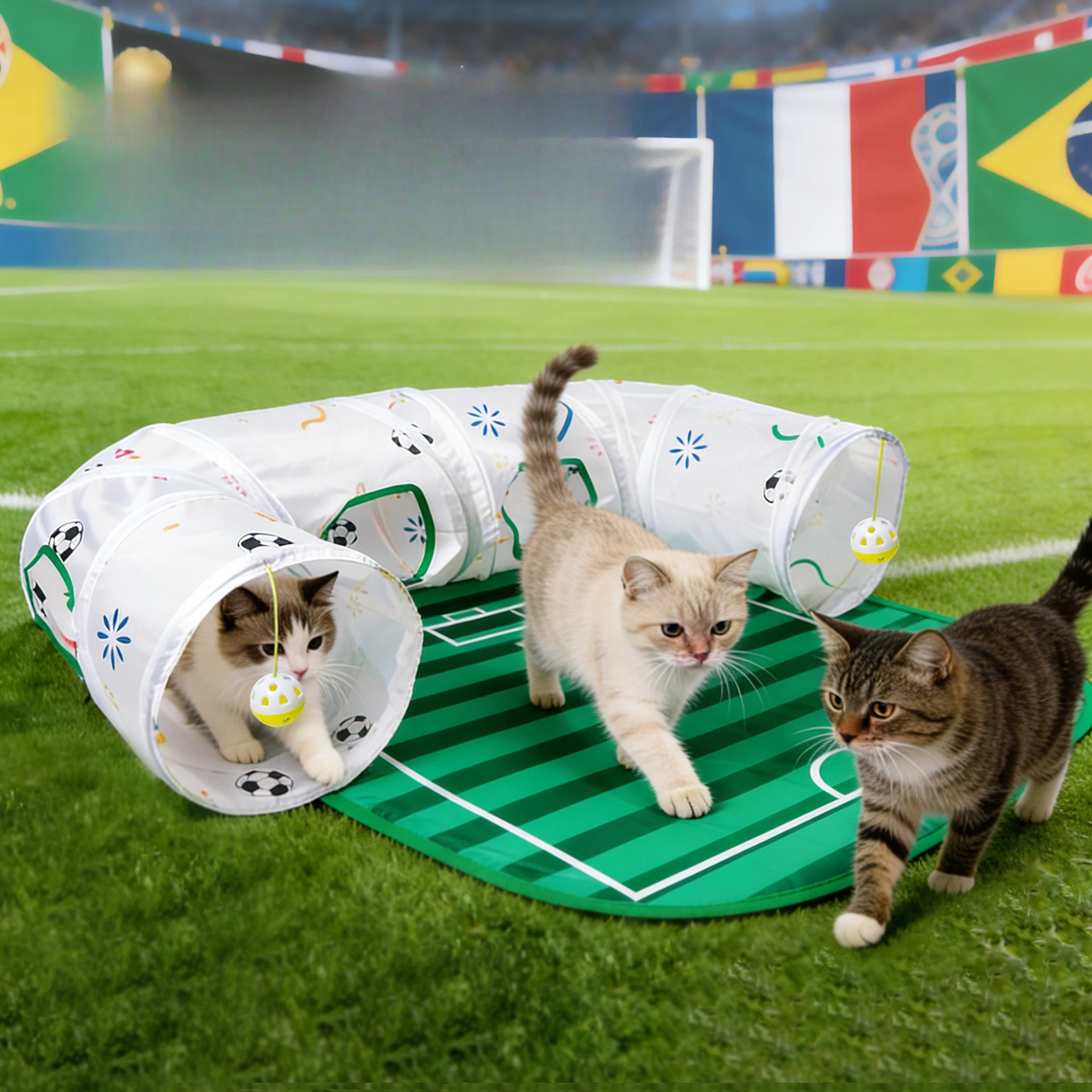 Túnel para gatos con diseño de campo de fútbol y juguetes interactivos - imagen 2