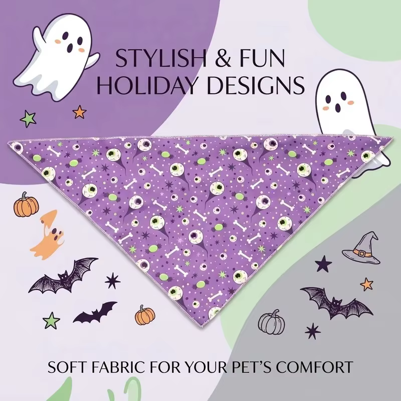 Pañuelo Triangular Morado para Perro y Gato – Diseño Halloween Ojos y Huesos - imagen 2