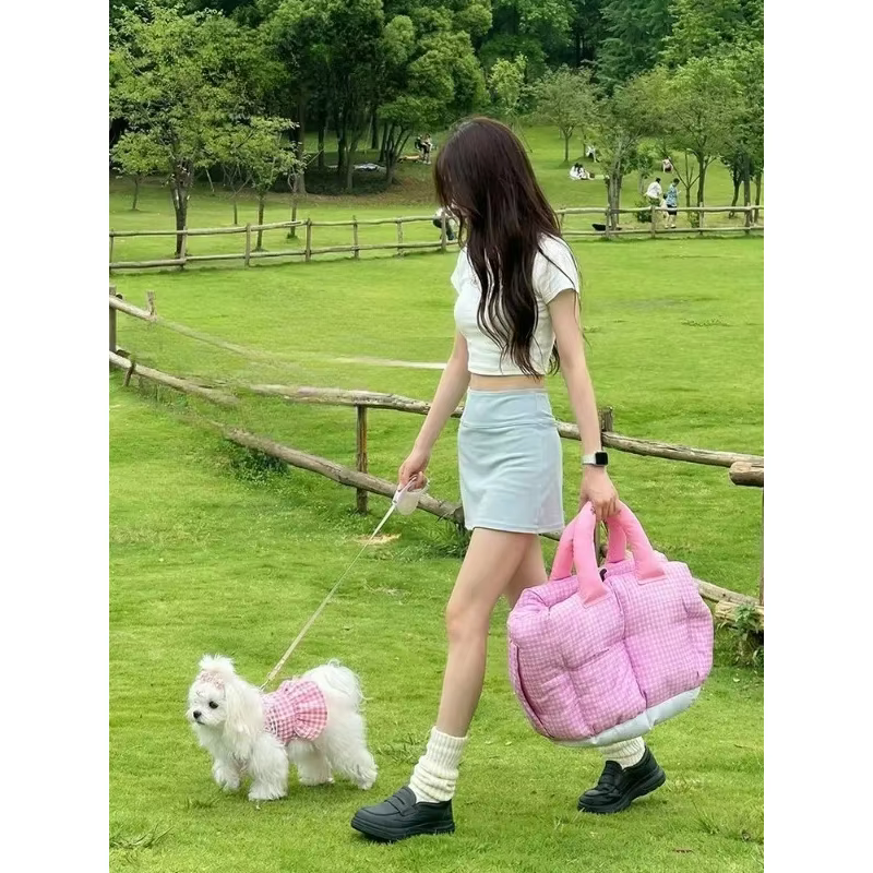 Mochila rosa a cuadros para transportar gatos y perros pequeños – Transpirable y lavable - imagen 4