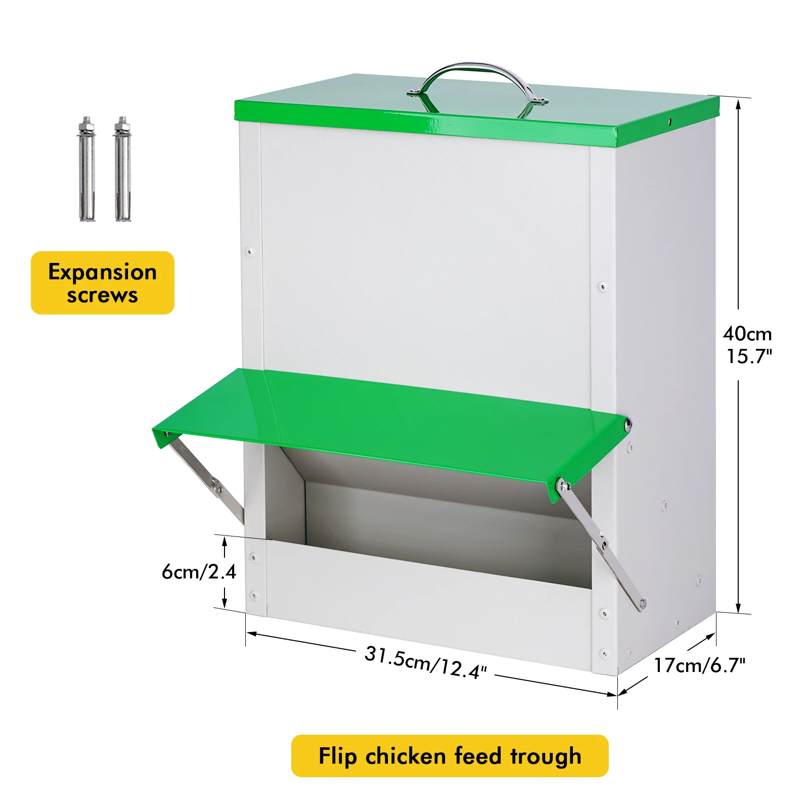 Comedero acero inoxidable para pollos y aves de corral con tapa abatible
