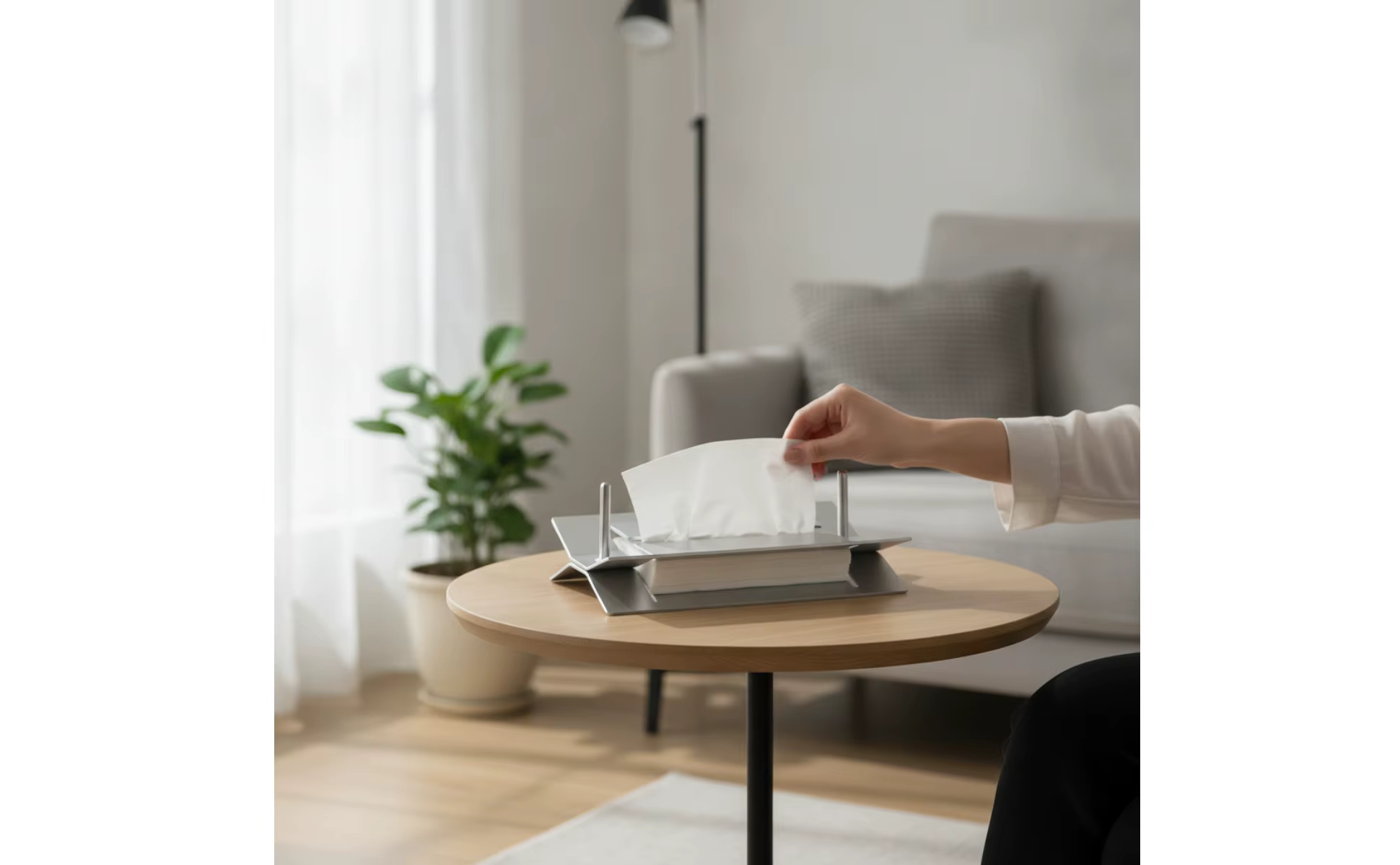 Soporte metálico para pañuelos faciales con estructura geométrica