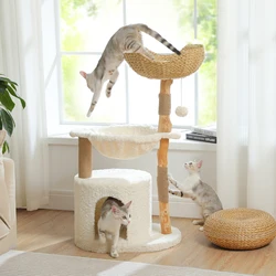 Torre para Gatos con Hamaca y Cesta de Mimbre – Móvil de Madera Natural