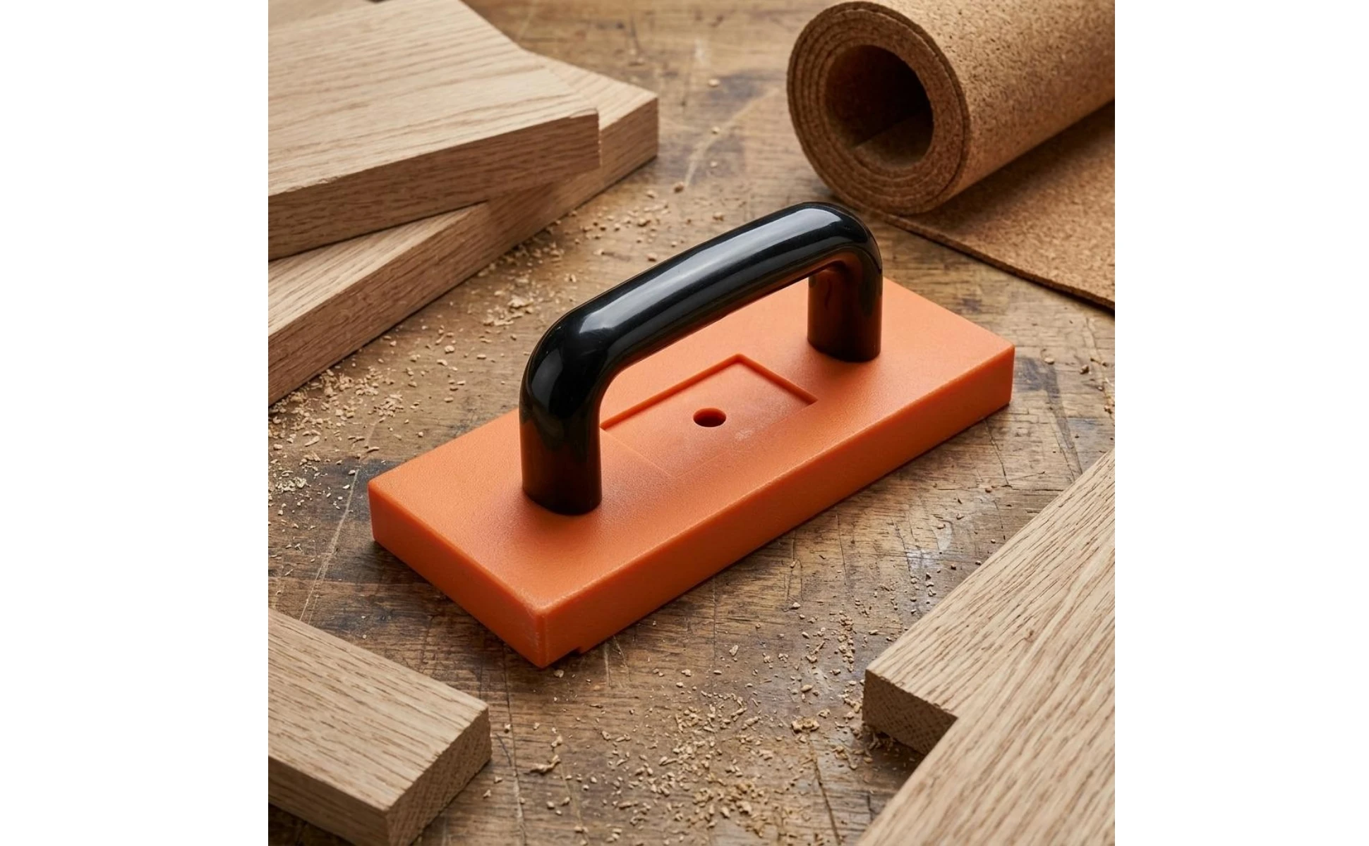 Bloque de golpeo compacto para instalación de pisos en color naranja y mango negro
