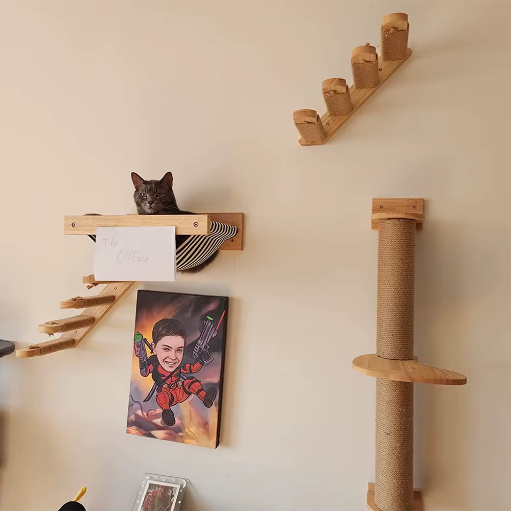 Rascador mural para gatos con plataformas de madera y poste de sisal - imagen 2