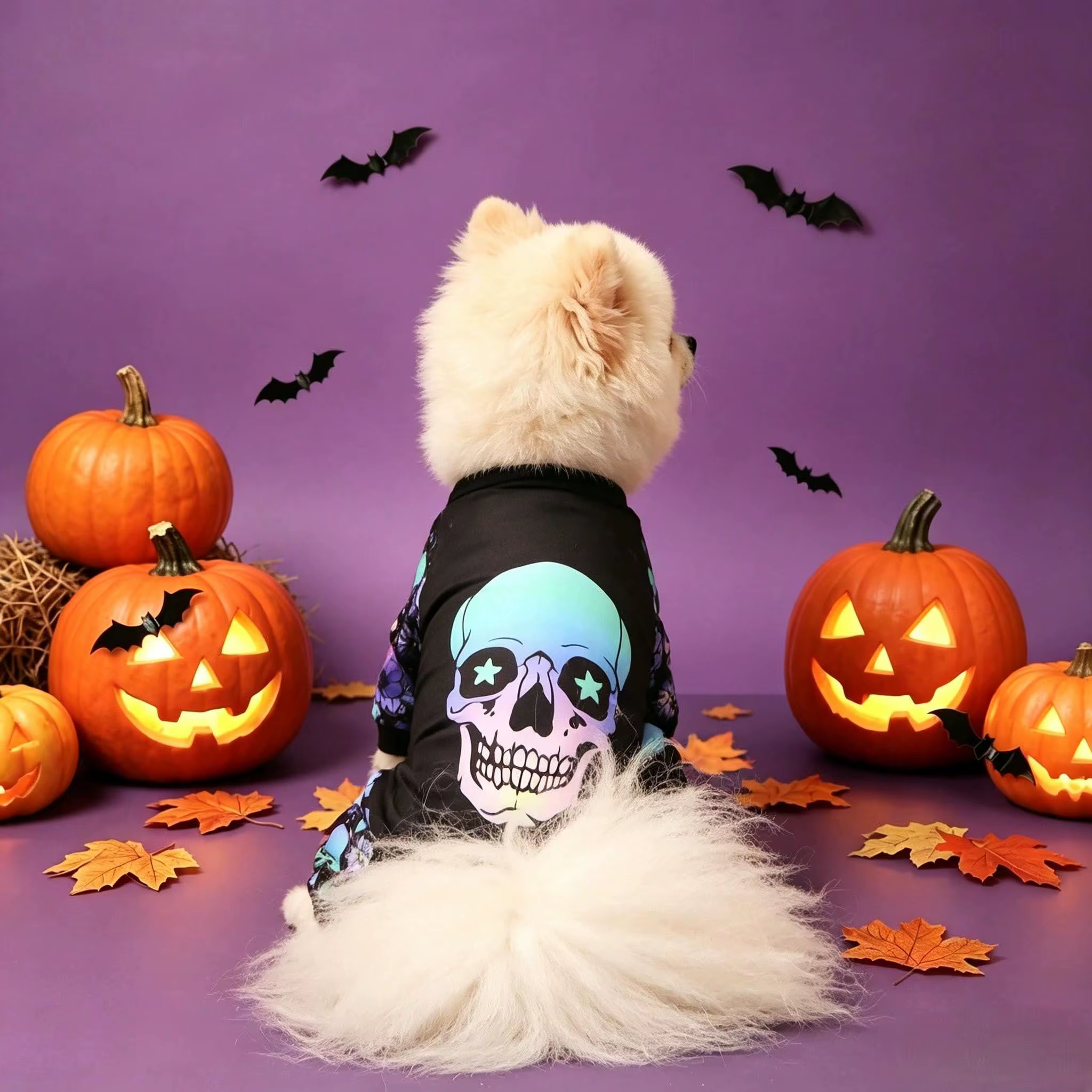 Detalle del estampado floral y calavera del traje para perro